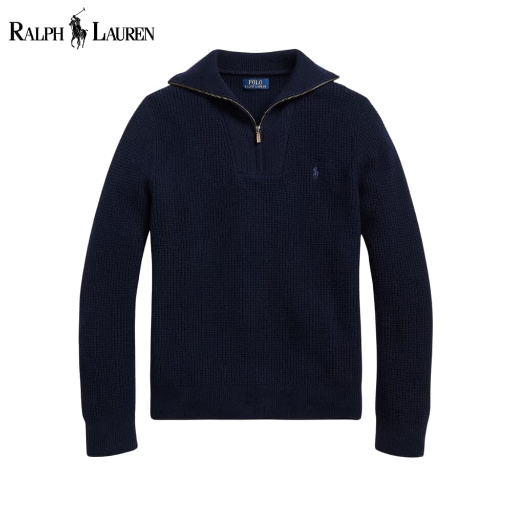Ralph Lauren Waffle Knit Wool Cotton Quarter Zip Sweater Cream - Velmont & Rossi
