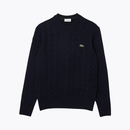 Lacoste Cable Knit Carded Wool Crew Neck Sweater White - Velmont & Rossi