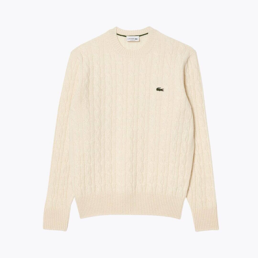 Lacoste Cable Knit Carded Wool Crew Neck Sweater White - Velmont & Rossi