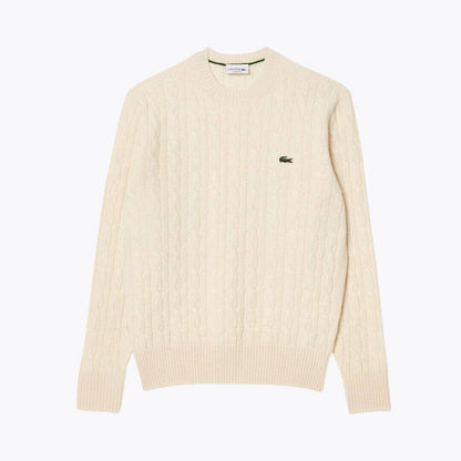 Lacoste Cable Knit Carded Wool Crew Neck Sweater White - Velmont & Rossi
