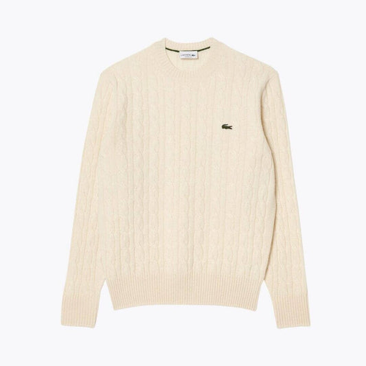 Lacoste Cable Knit Carded Wool Crew Neck Sweater White - Velmont & Rossi