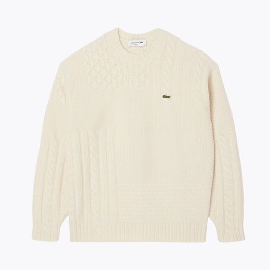Lacoste Relaxed Fit Patchwork Effect Wool Sweater White - Velmont & Rossi
