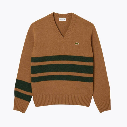 Lacoste Striped Wool V Neck Sweater Brown / Green - Velmont & Rossi