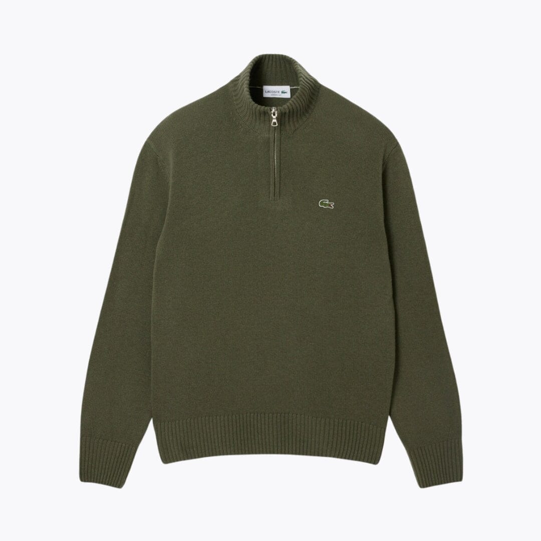 Lacoste Zipped High Neck Carded Wool Sweater Khaki Green - Velmont & Rossi