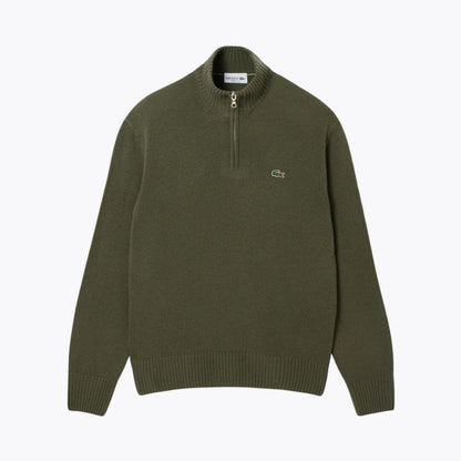 Lacoste Zipped High Neck Carded Wool Sweater Khaki Green - Velmont & Rossi