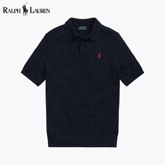 Ralph Lauren Cable-Knit Cotton Polo-Collar Sweater Blue Navy - Velmont & Rossi