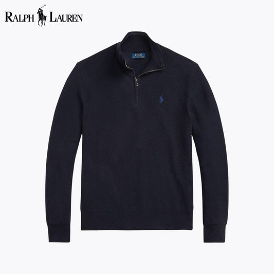 Ralph Lauren Mesh-Knit Cotton Quarter-Zip Sweater Navy Blue - Velmont & Rossi