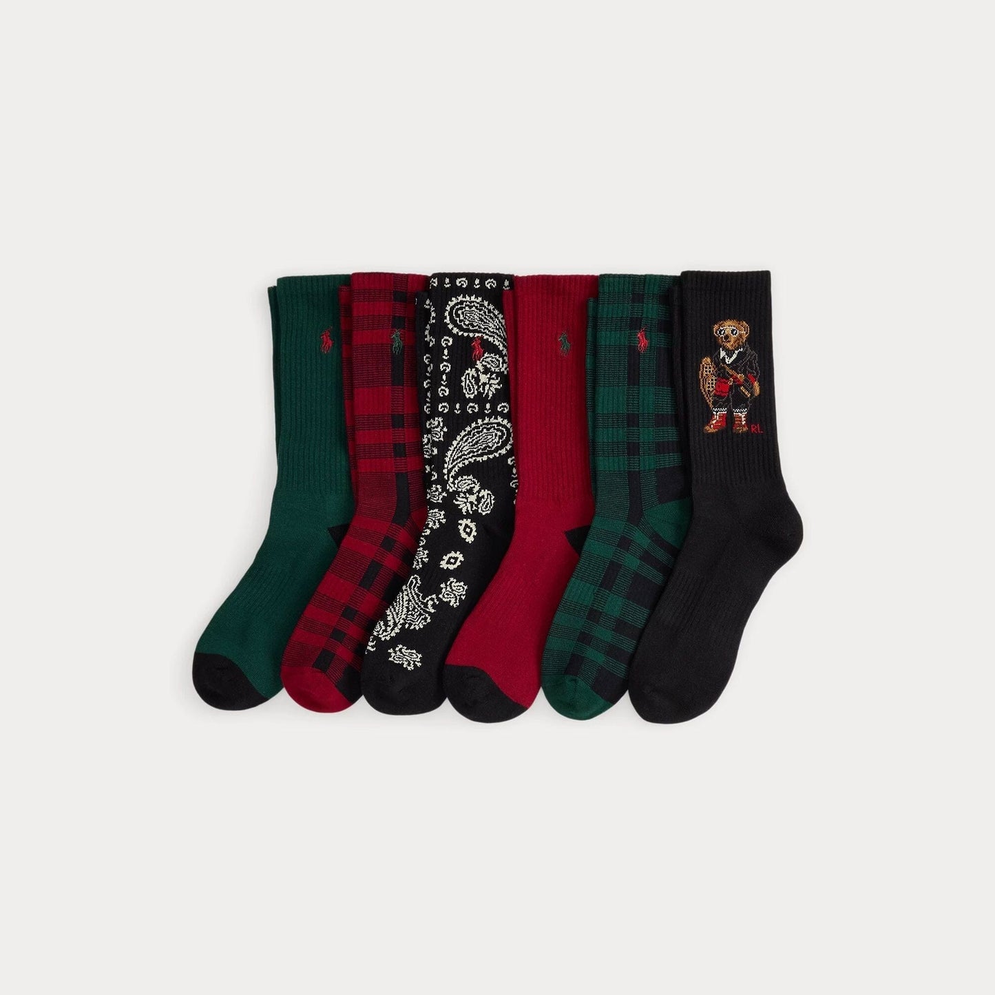 Ralph Lauren Polo Bear Cotton-Blend Crew Sock 6-Pack Red/Green/Black - Velmont & Rossi