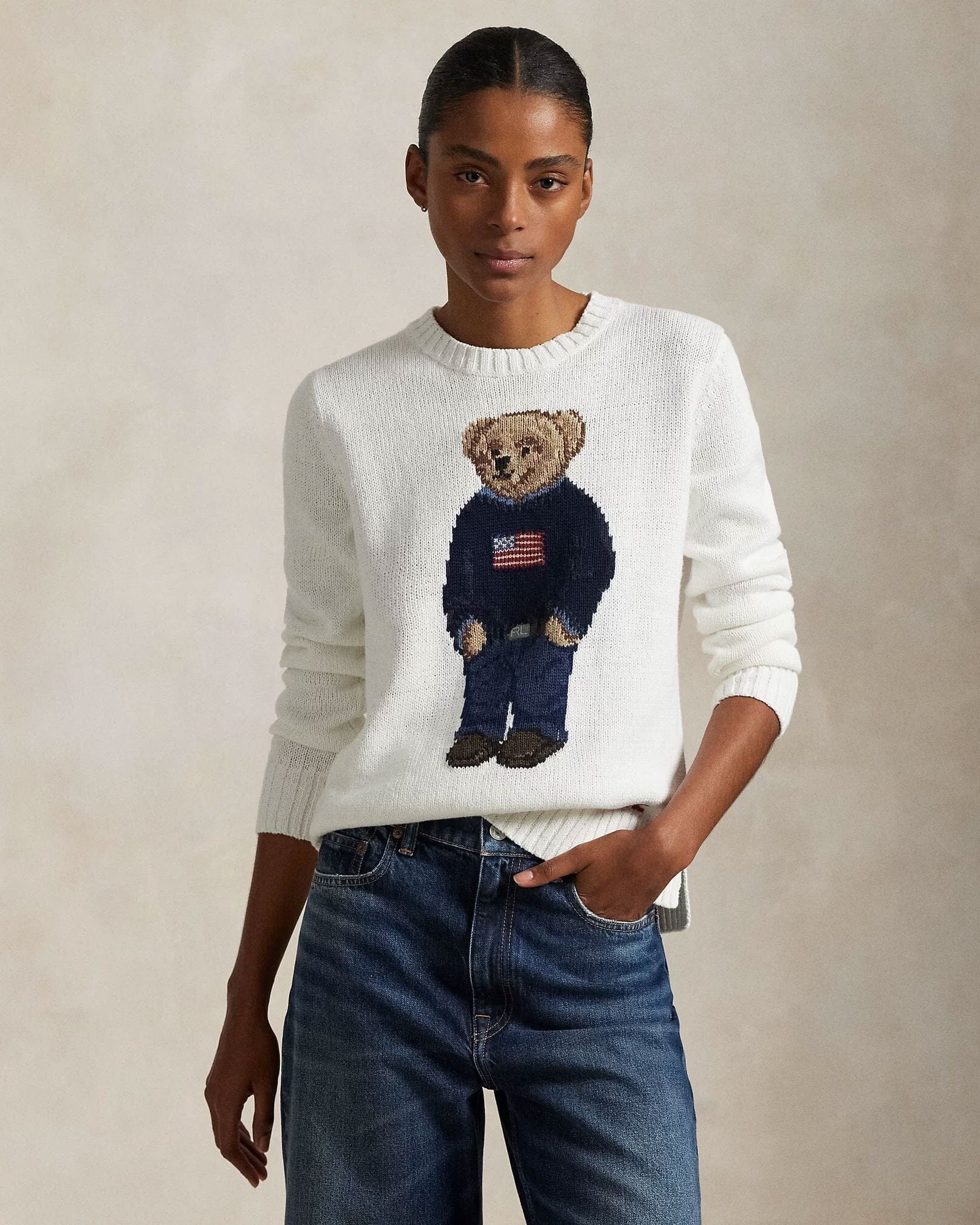 Ralph Lauren Polo Bear Crew Neck Sweater In Linen-Cotton Blend White - Velmont & Rossi