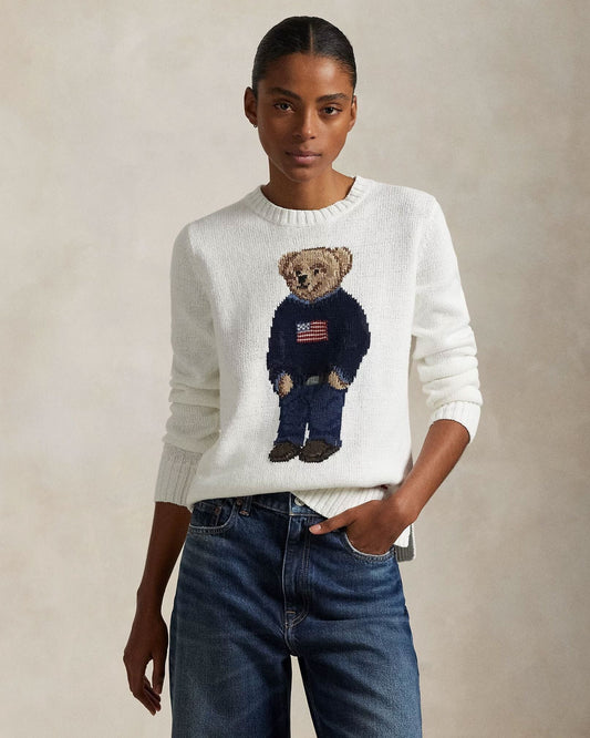 Ralph Lauren Polo Bear Crew Neck Sweater In Linen-Cotton Blend White - Velmont & Rossi