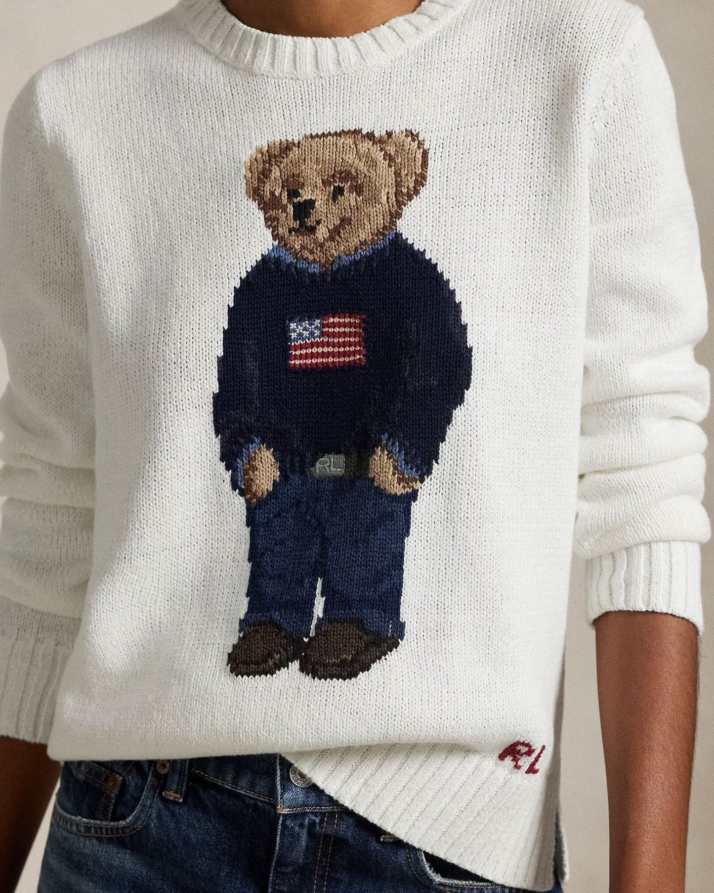 Ralph Lauren Polo Bear Crew Neck Sweater In Linen Cotton Blend White - Velmont & Rossi