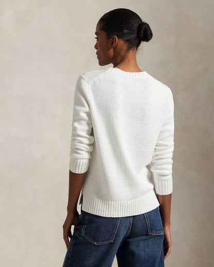 Ralph Lauren Polo Bear Crew Neck Sweater In Linen Cotton Blend White - Velmont & Rossi