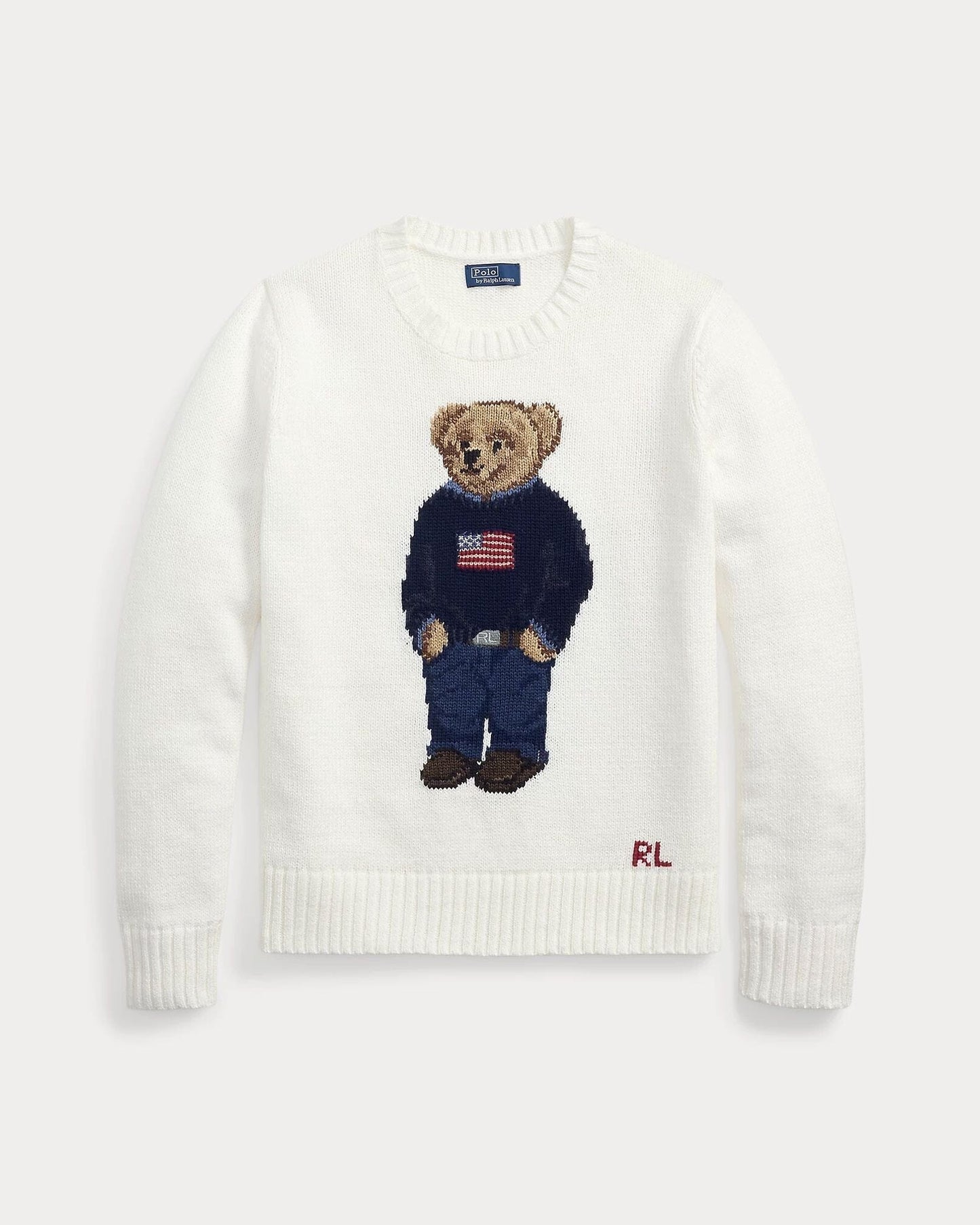 Ralph Lauren Polo Bear Crew Neck Sweater In Linen Cotton Blend White - Velmont & Rossi
