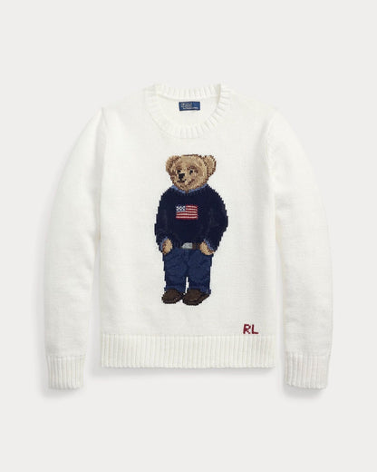 Ralph Lauren Polo Bear Crew Neck Sweater In Linen Cotton Blend White - Velmont & Rossi