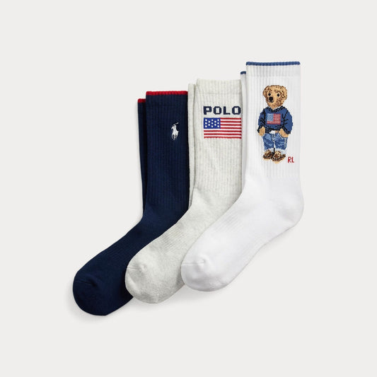 Ralph Lauren Polo Bear Logo Crew Sock 3-Pack White/Navy/Grey - Velmont & Rossi